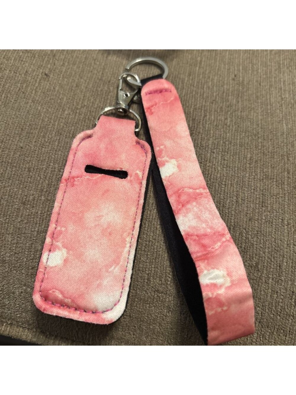 Chap Stick Key ring Holder & Wristlet Band Set Keychain Keyring Lip Balm Pink Wh